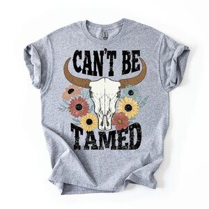 Western CAN'T BE TAMED Bull Skull Flowers Boho Cowgirl Country Concert T-shirt